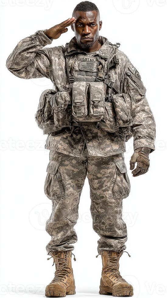 Soldier in military uniform salutes with respect at an outdoor location during daytime training exercises photo