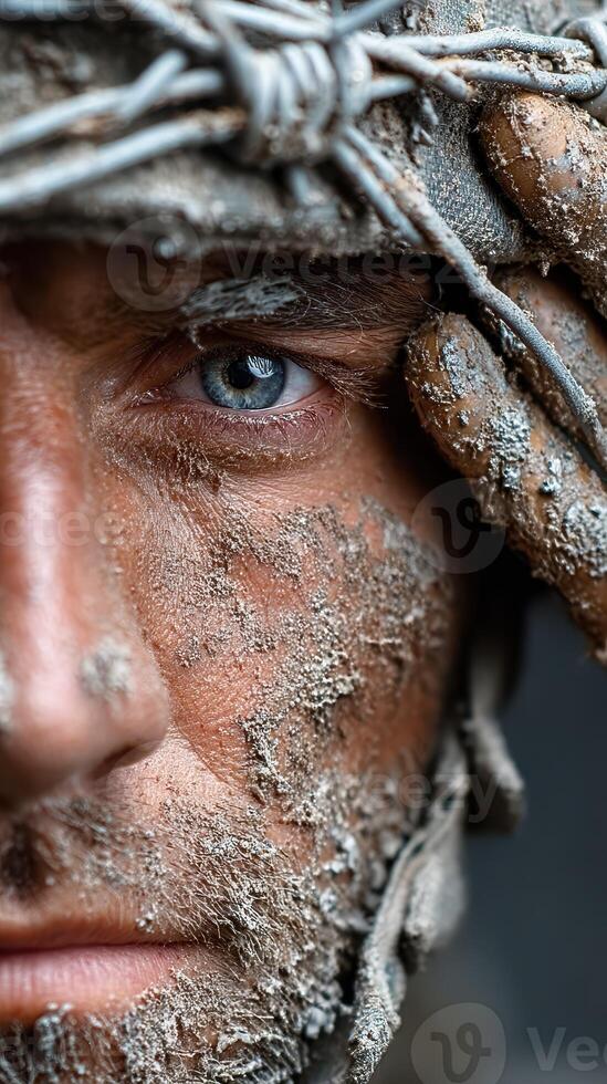 Soldier with muddy face salutes during military training in a rugged environment photo