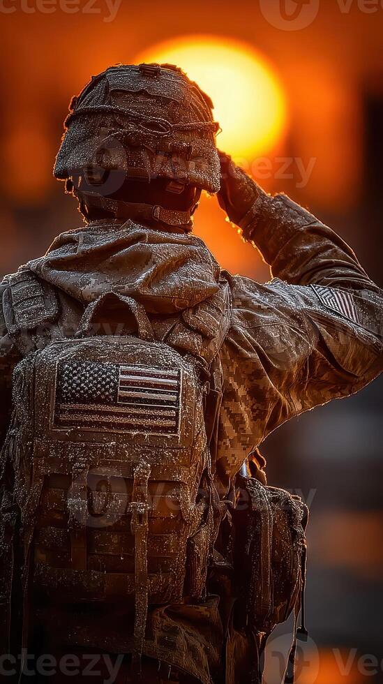 Soldier saluting at sunset while covered in frost during winter mission in a remote location photo
