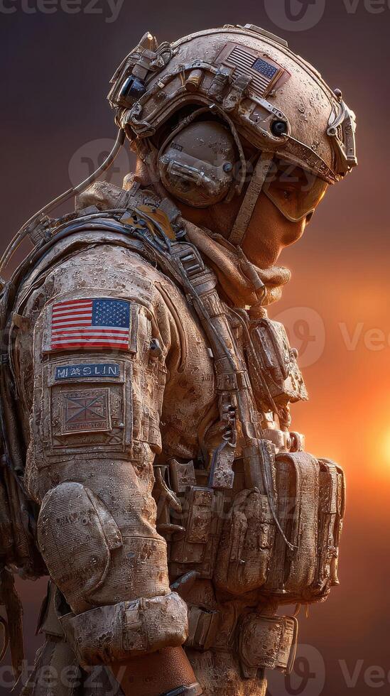 Soldier in tactical gear stands against a vibrant sunset background in a desert environment, conveying strength and resilience photo