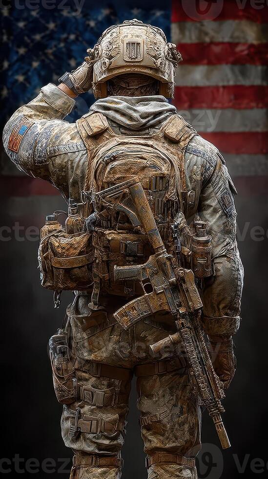 Soldier saluting in front of an American flag with military gear and weapons, showcasing courage and dedication photo