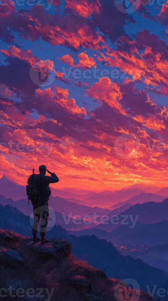 Soldier salutes the sunset over a mountain range during twilight photo