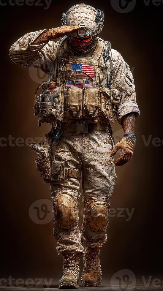 Military soldier saluting while wearing tactical gear against a dark backdrop during a portrait session photo
