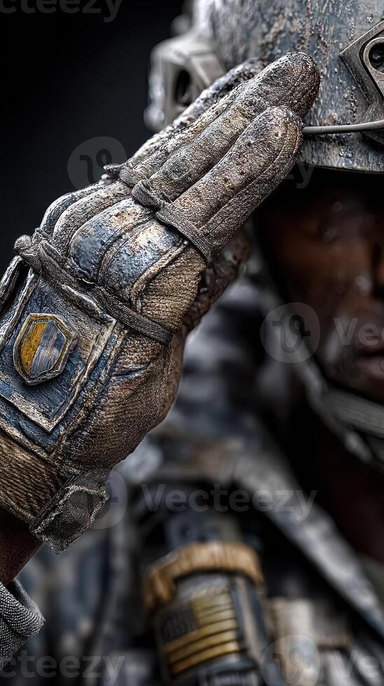 Soldier in uniform saluting with detailed gloves in a solemn pose emphasizing respect and honor photo