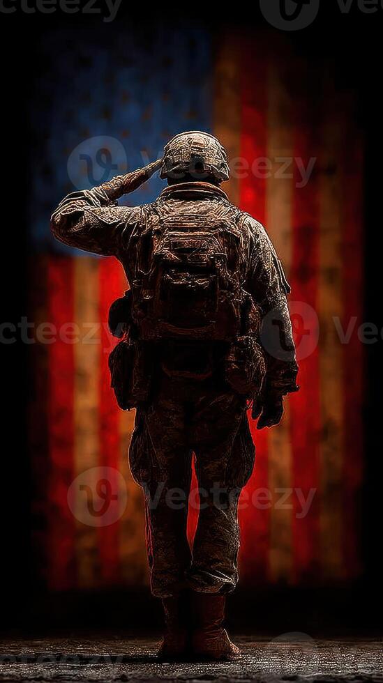 Soldier saluting in front of American flag during a solemn tribute in the evening photo
