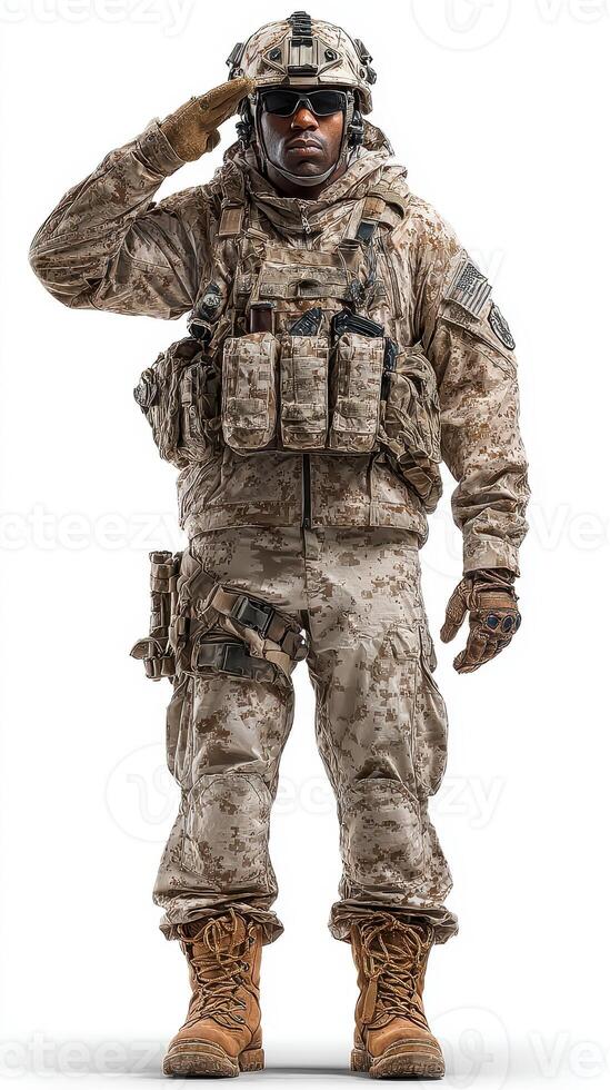 Soldier in tactical uniform saluting with confidence in a military setting during daytime photo