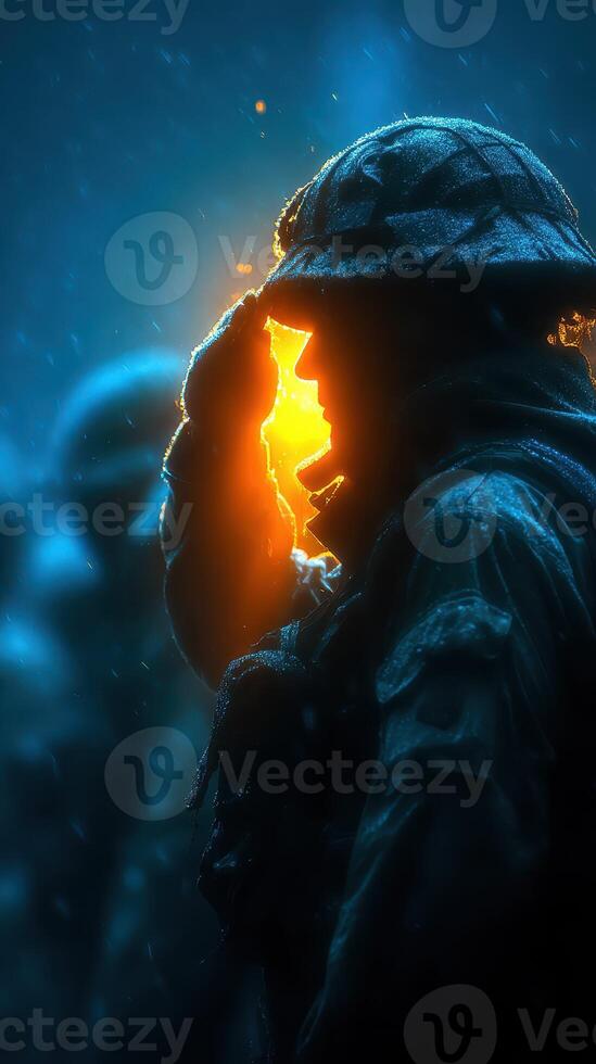 Soldier salutes in rain against glowing backdrop during military training at dusk photo