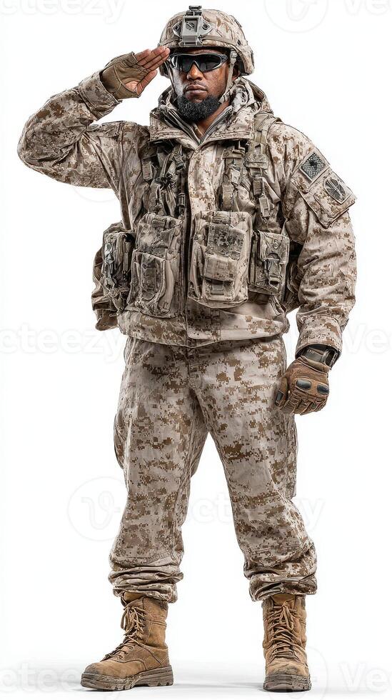 Military personnel in desert camouflage uniform saluting in a respectful stance during a training exercise photo