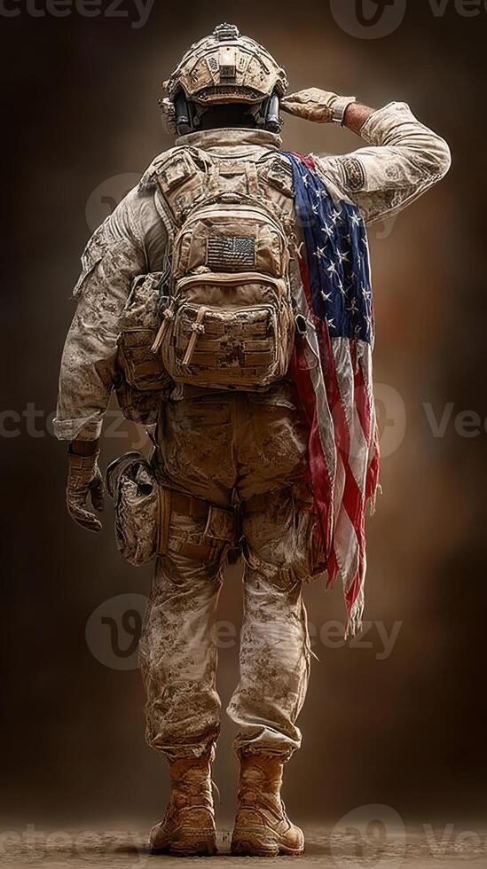 Soldier saluting with American flag draped over shoulder, reflecting duty and honor in military setting photo