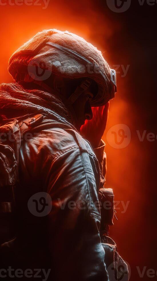 Soldier in armor reflects on his mission amidst a dramatic orange haze during nighttime operations photo