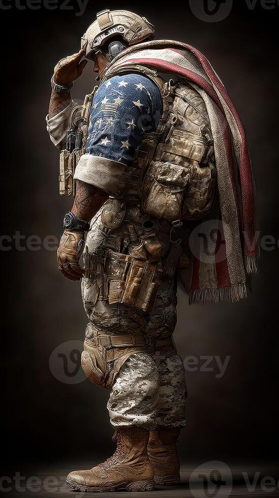 Soldier in camouflage uniform saluting while draped in American flag during a somber moment of respect and remembrance photo
