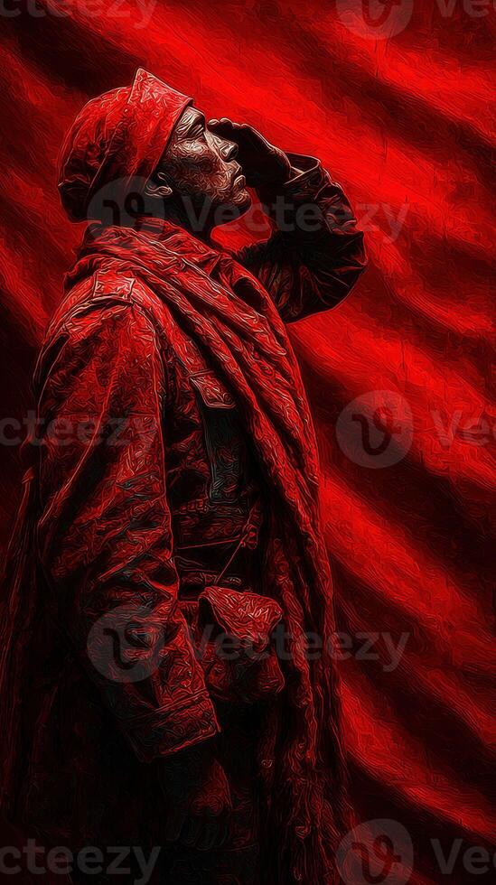 Soldier in a red uniform saluting against a vibrant red backdrop photo