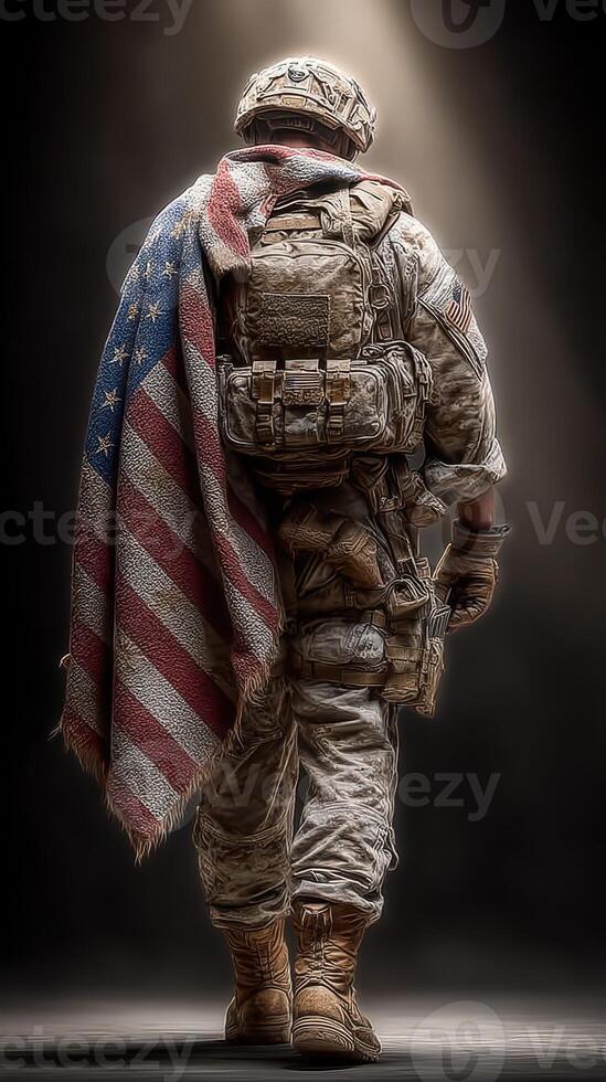 Soldier in combat gear walks away draped in an American flag blanket during a solemn moment in a dimly lit setting photo