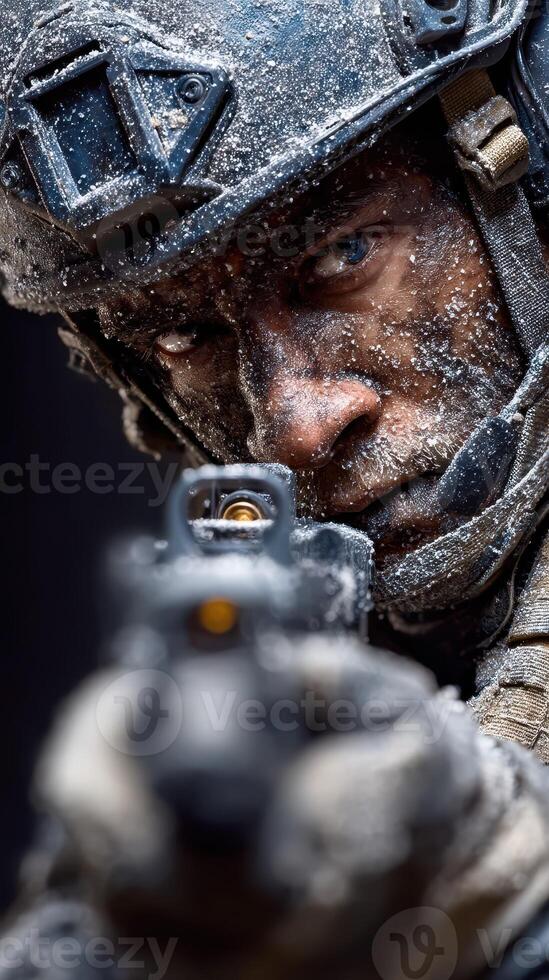 Soldier in winter camouflage aiming weapon during military training in a snowy environment photo