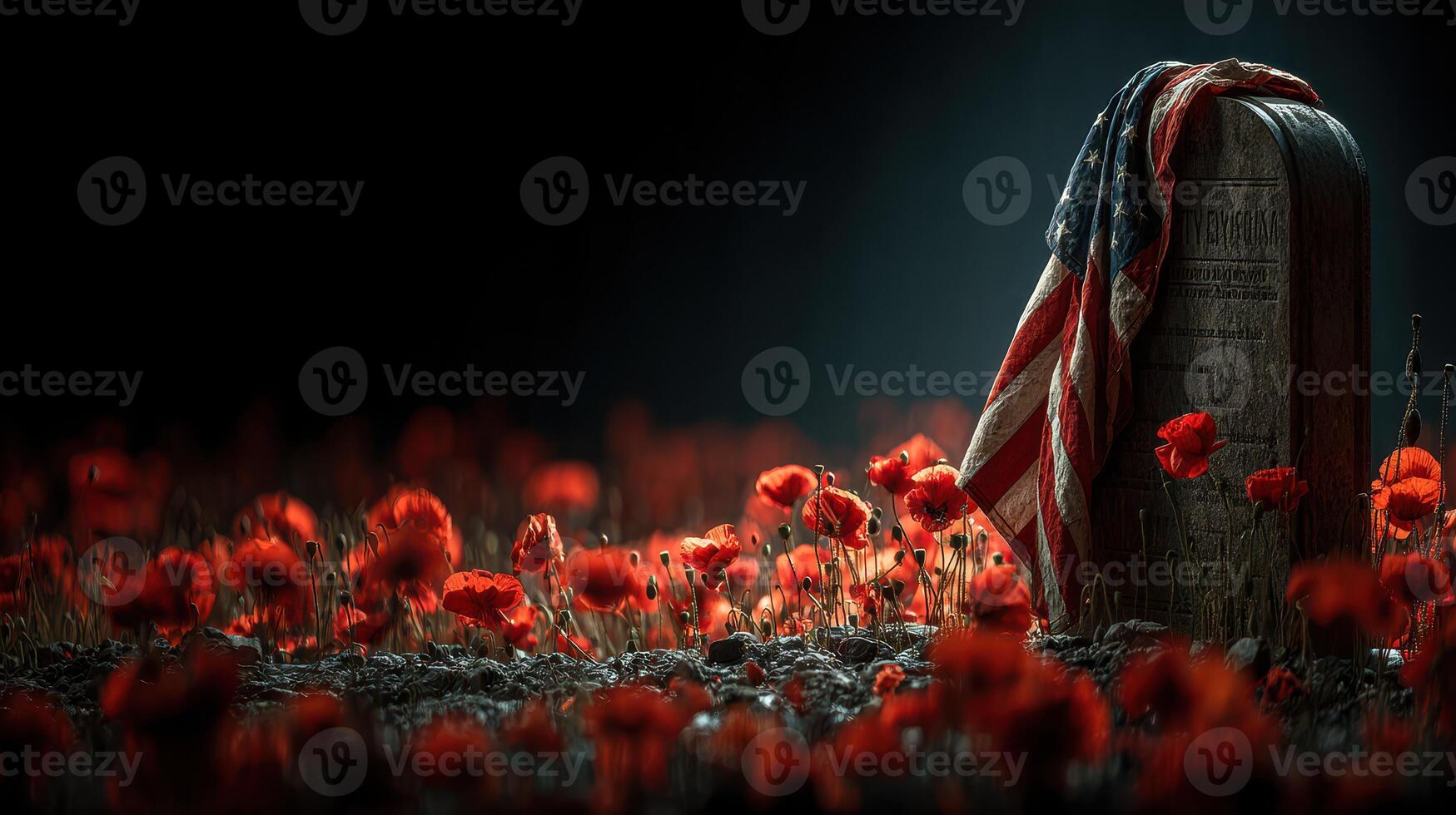 Tribute to fallen heroes with poppies and a flag in a peaceful memorial setting photo