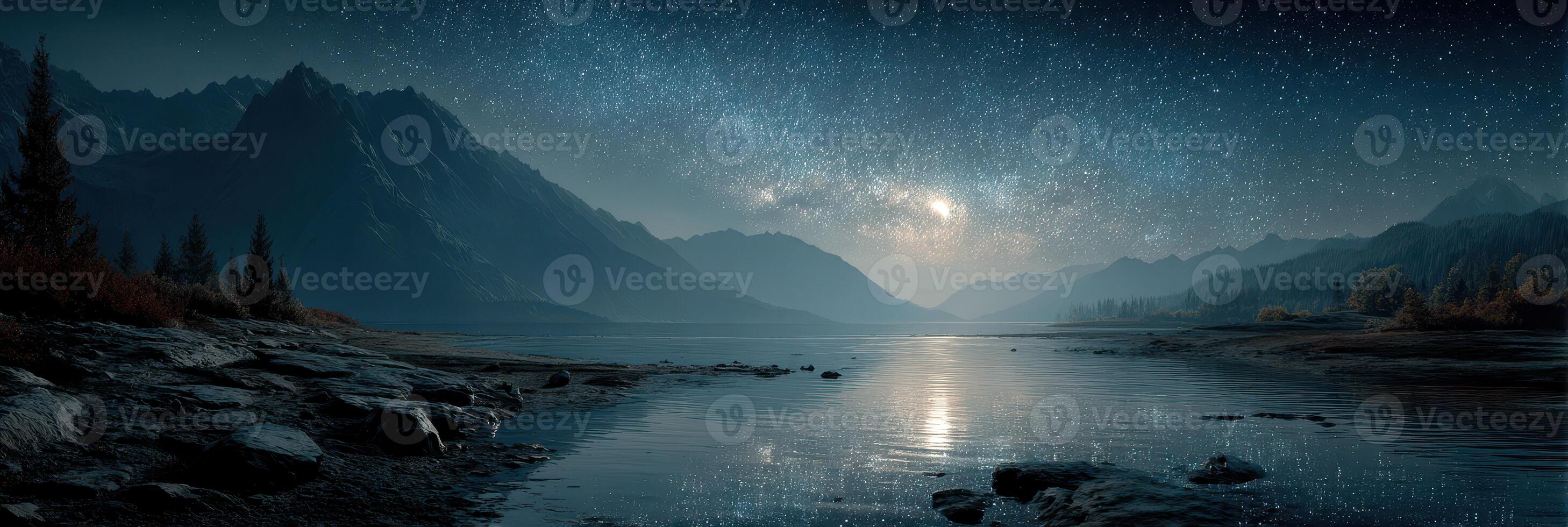 Night sky illuminated by stars over tranquil lake surrounded by mountains in serene landscape photo