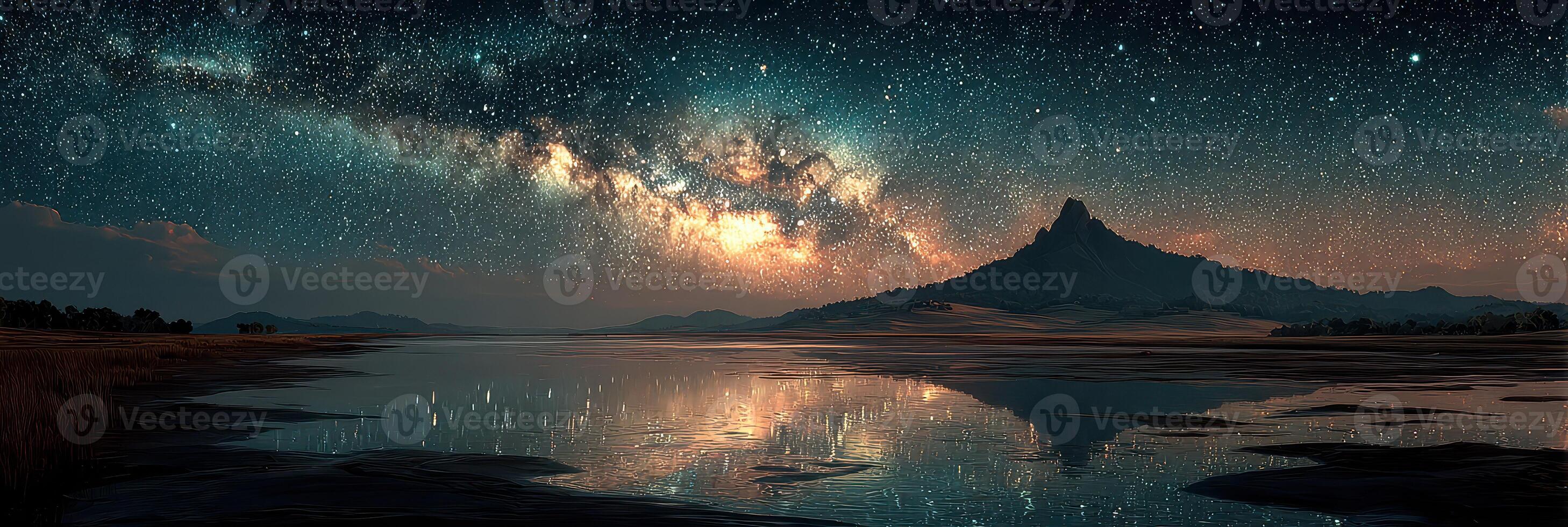 Night sky filled with stars reflects on serene lake near mountain during clear summer evening photo