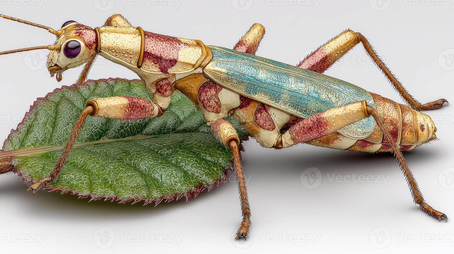 Colorful grasshopper resting on a green leaf in a natural outdoor setting during daylight photo