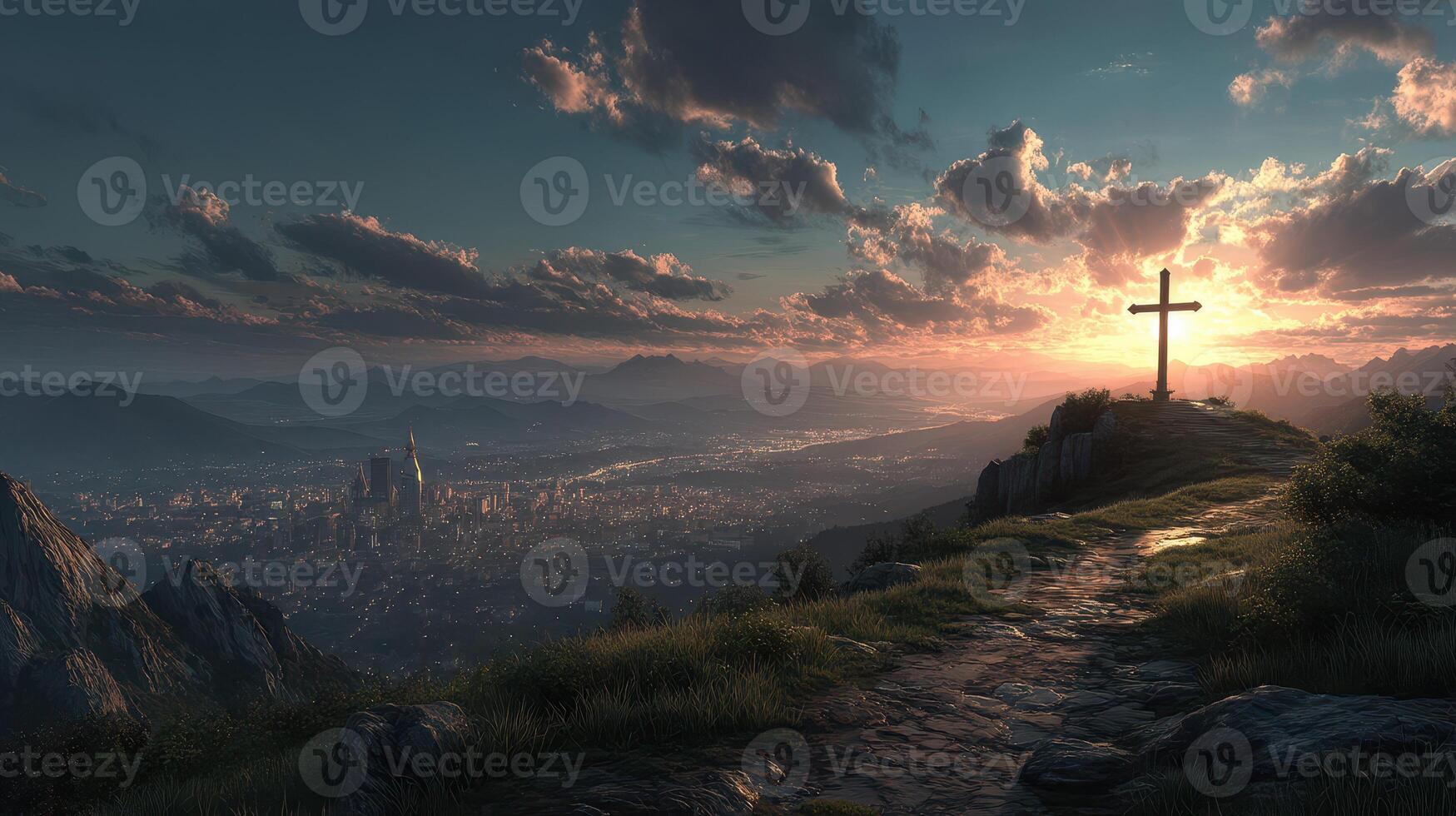 Sunset over a valley with a cross on a hilltop overlooking a city photo