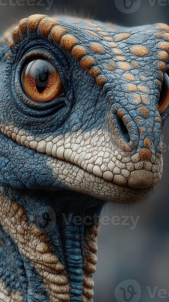Colorful close-up of a dinosaur-like creature showcasing detailed textures and vibrant eyes in a blurred background photo