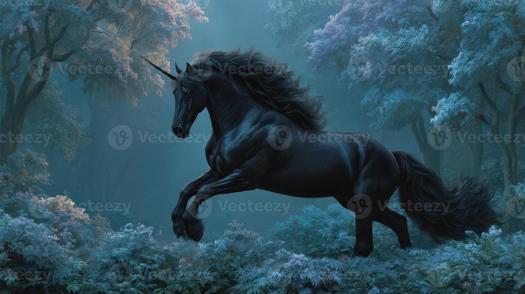 Majestic black unicorn galloping through an enchanted forest in serene twilight atmosphere photo
