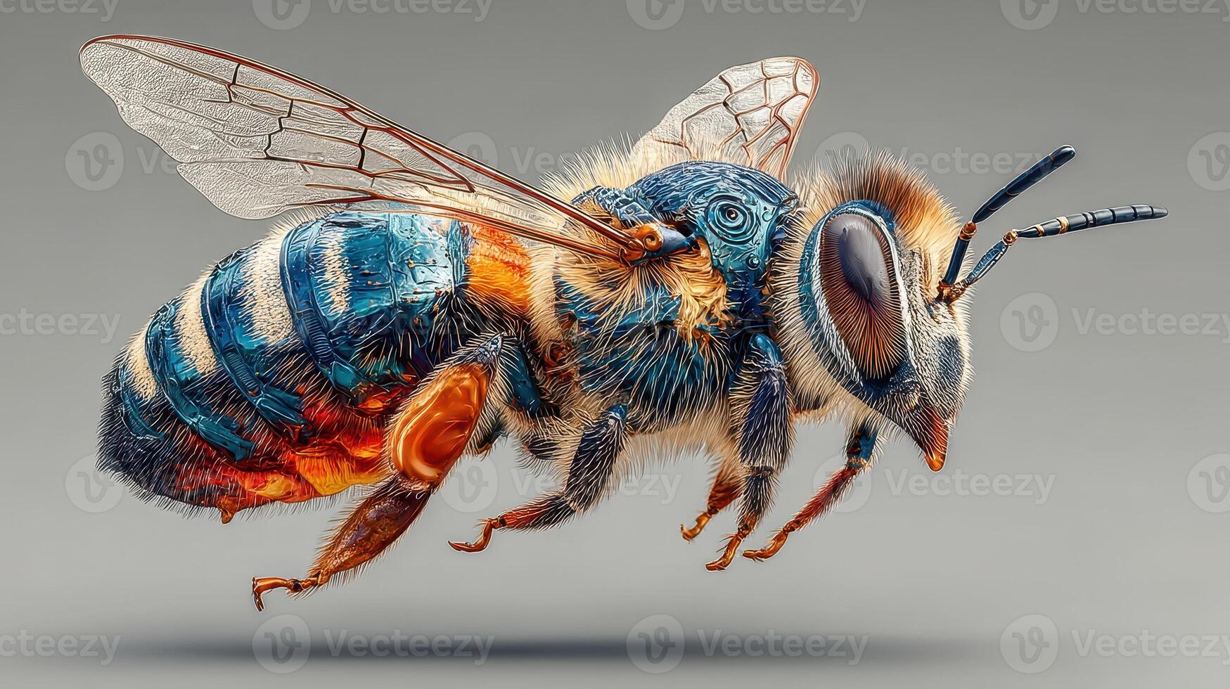 Insect close-up shows intricate details of a bee in vibrant colors and textures photo