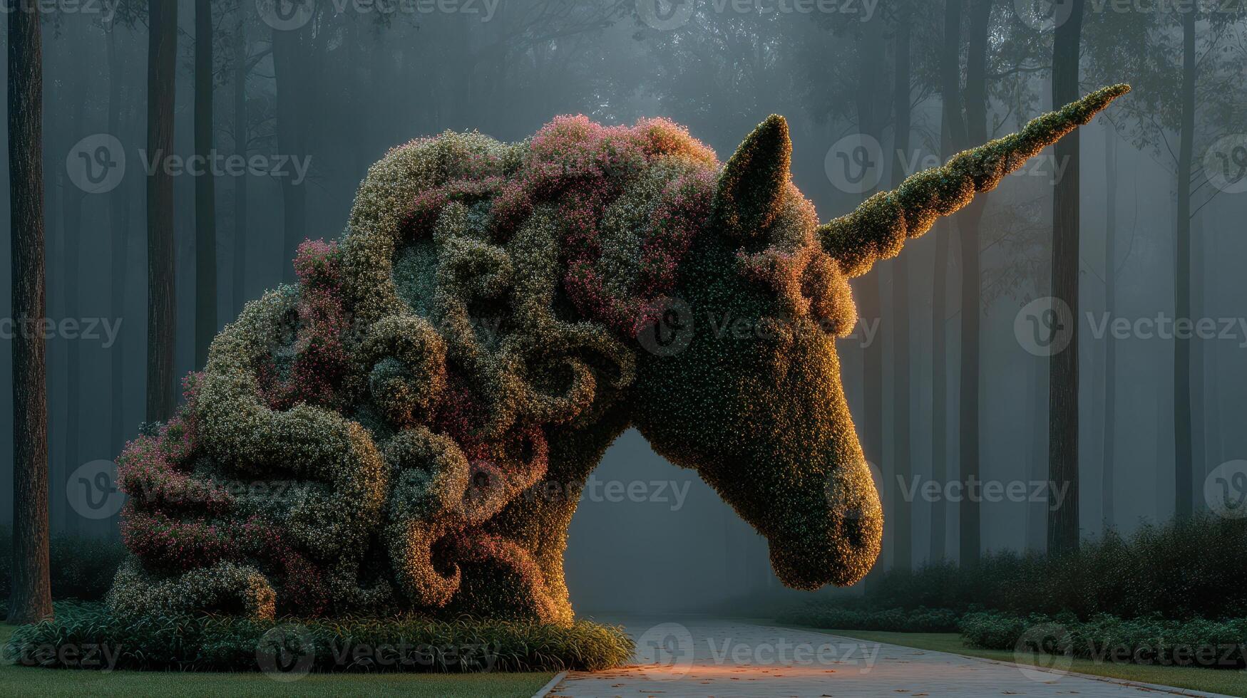 Intricate topiary unicorn sculpture illuminated by morning light in a serene forest setting photo
