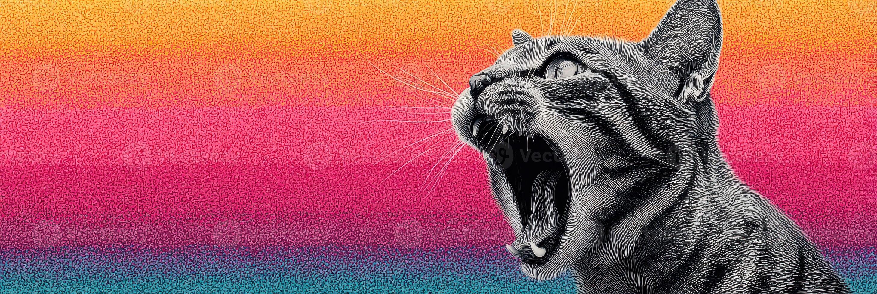 Majestic tabby cat yawning in front of a vibrant gradient background showcasing colorful hues of orange, pink, and blue photo