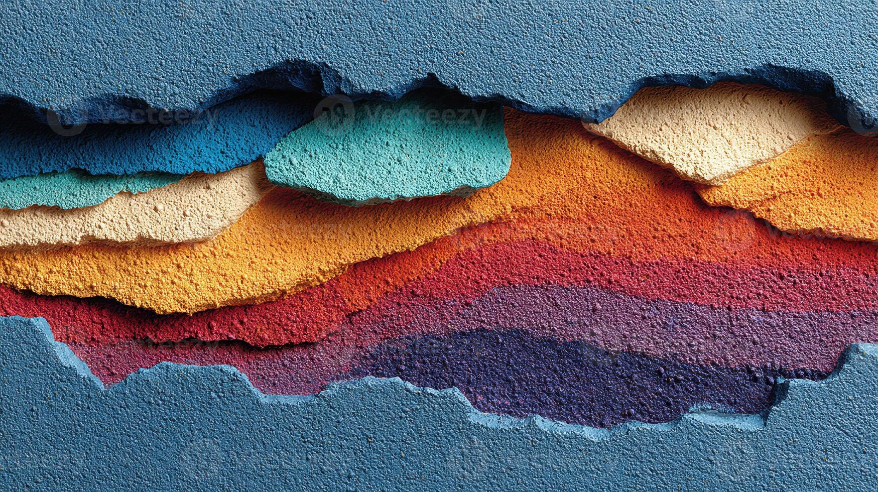 Colorful layers of paint reveal artistic texture on a blue wall surface in an urban environment showing creativity in design photo