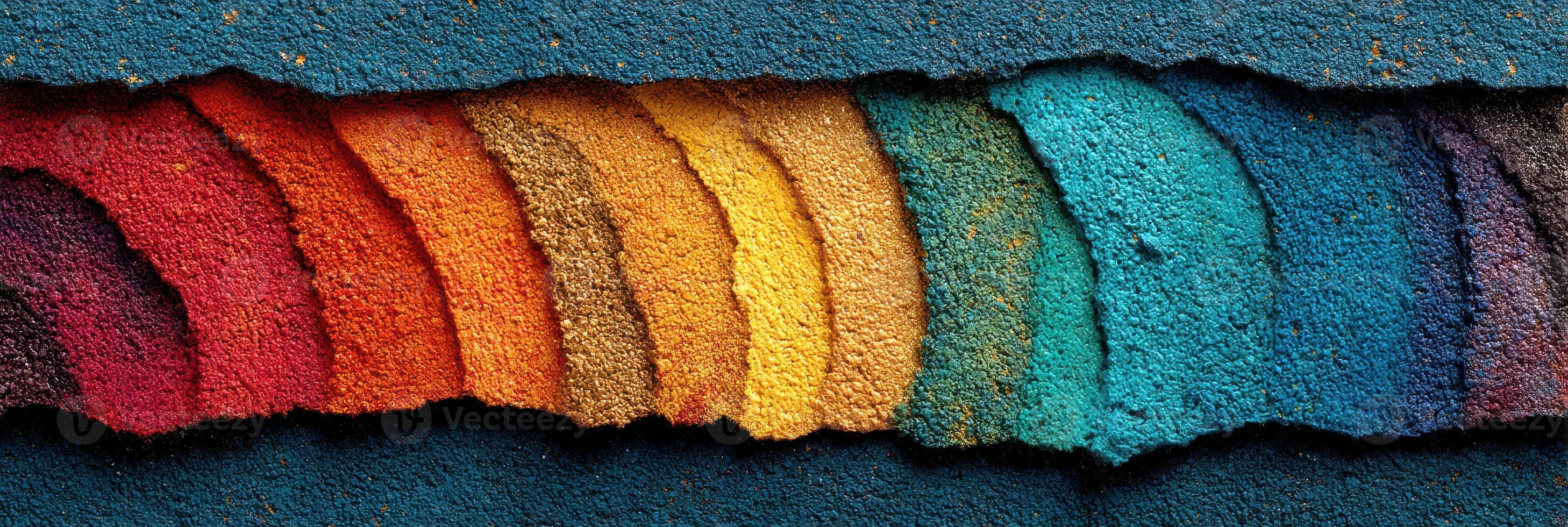 Colorful layers of textured paint display beautiful gradients on a weathered surface in daylight photo
