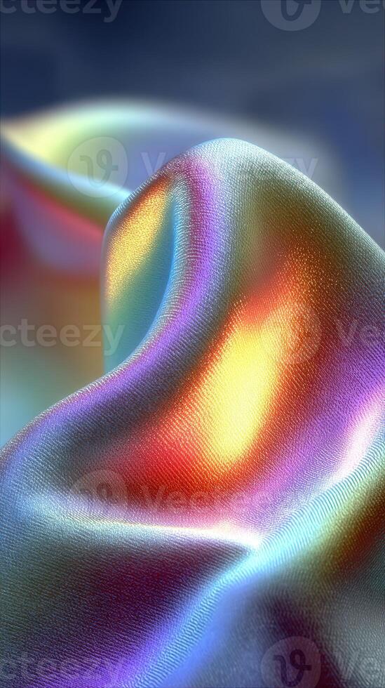 Colorful satin fabric reflecting light with a soft sheen, showcasing shades of blue, orange, and purple in a dreamy abstract composition photo