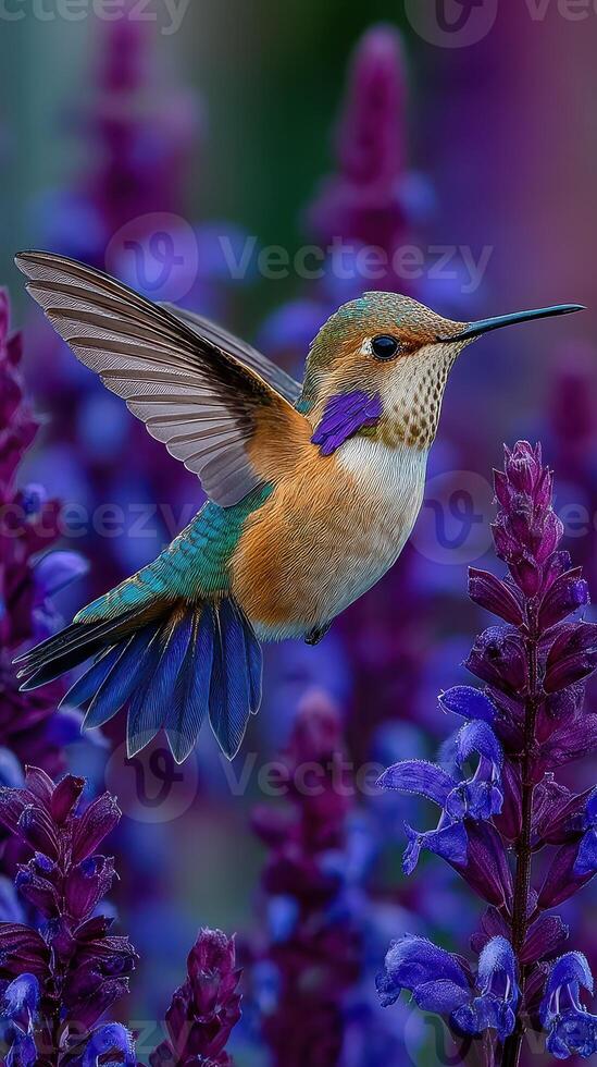 Colorful hummingbird hovering near vibrant purple flowers in a lush garden setting photo