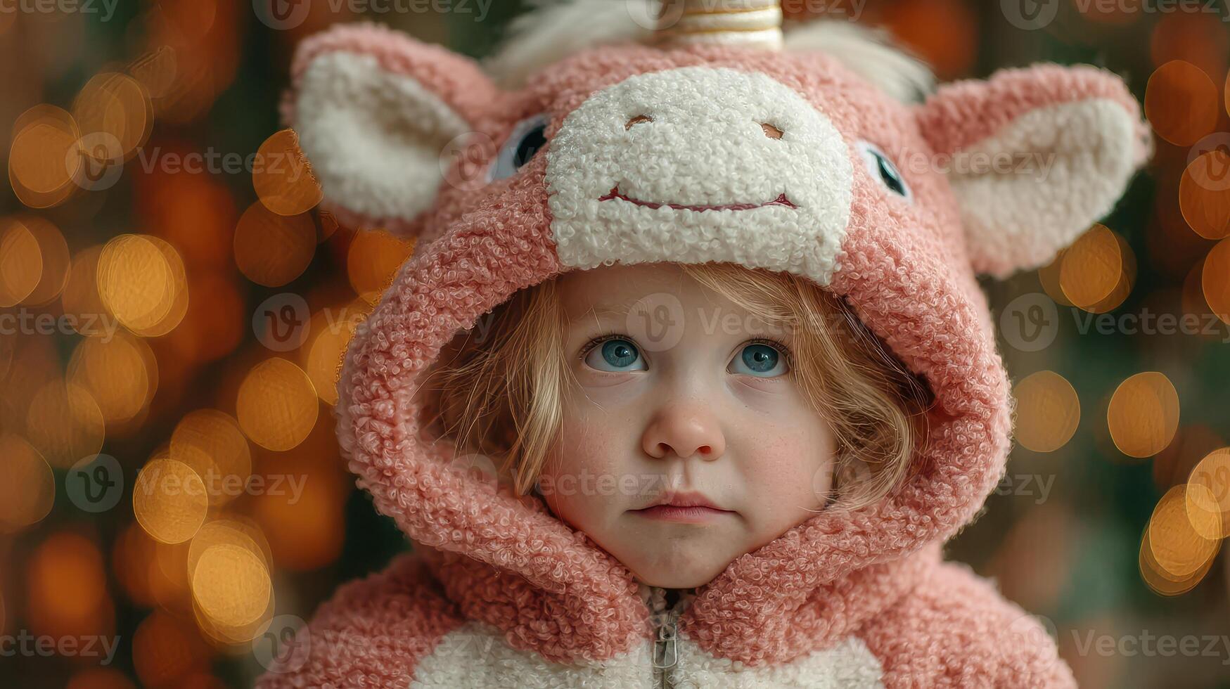 Child in pink unicorn costume gazes thoughtfully against a backdrop of soft glowing lights during a festive season photo