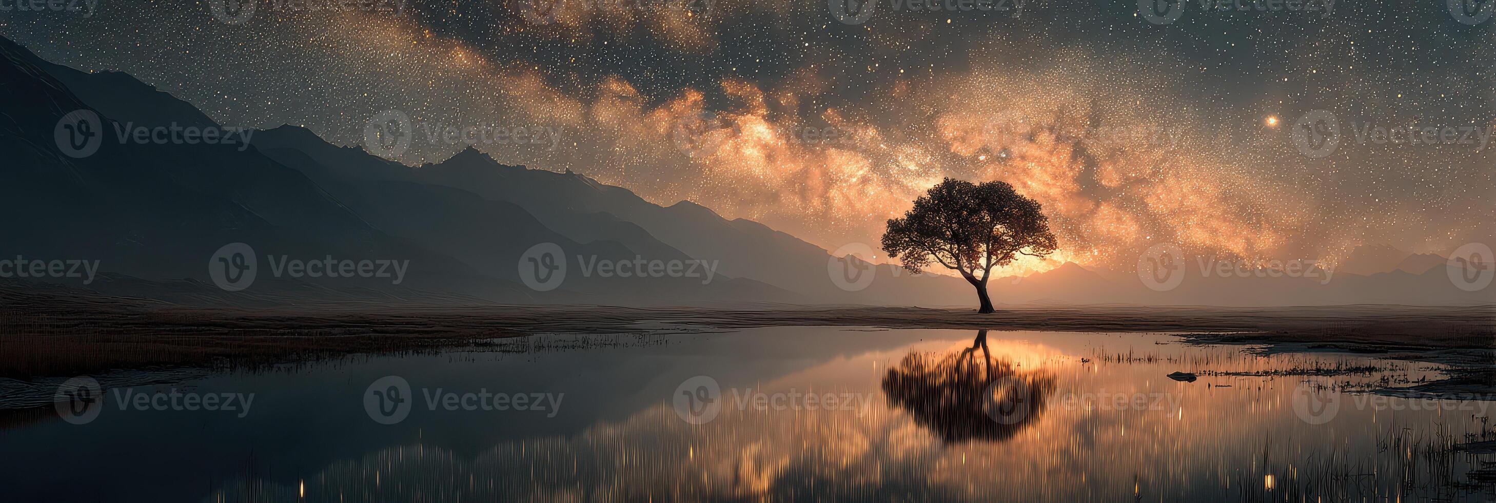 Stars illuminate a tranquil landscape with a solitary tree and mirrored reflections at night photo