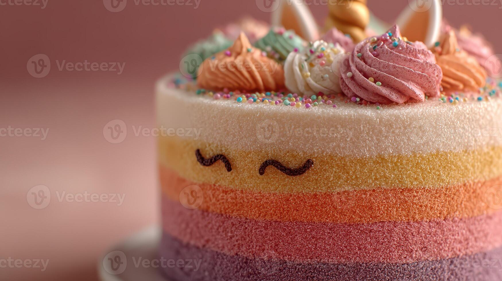 Colorful layered cake decorated with frosting and sprinkles on a festive table setting photo
