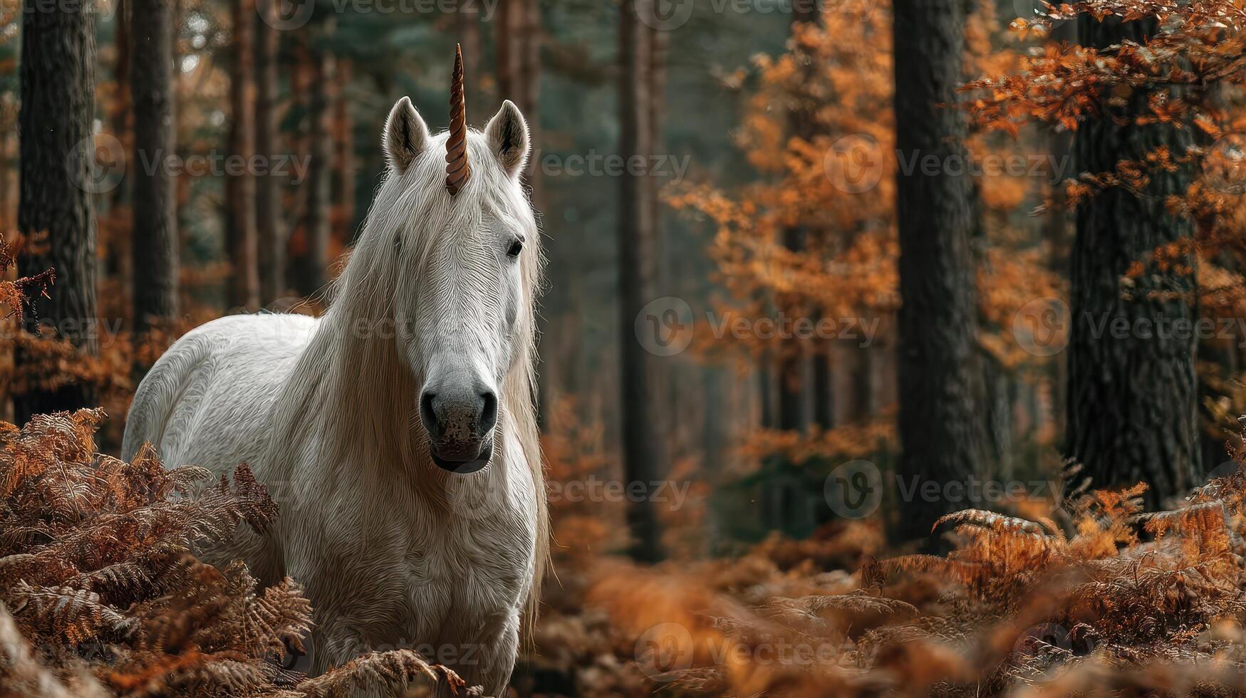 Mystical unicorn standing among autumn foliage in a serene forest clearing during golden hour photo