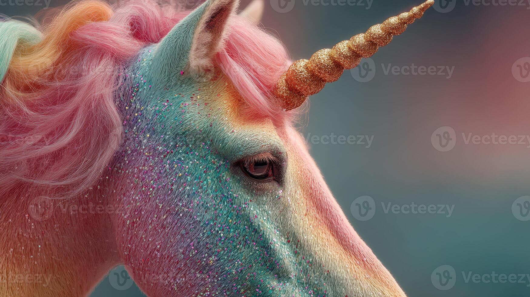 Colorful unicorn with shimmering mane poses gracefully in a dreamy landscape during a peaceful twilight hour photo