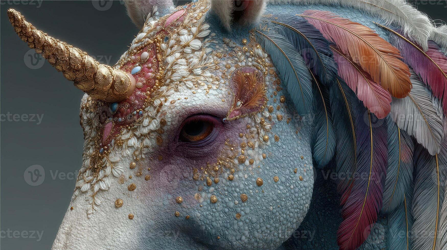 Decorative unicorn head with vibrant feathers and intricate textures showcasing fantasy art photo