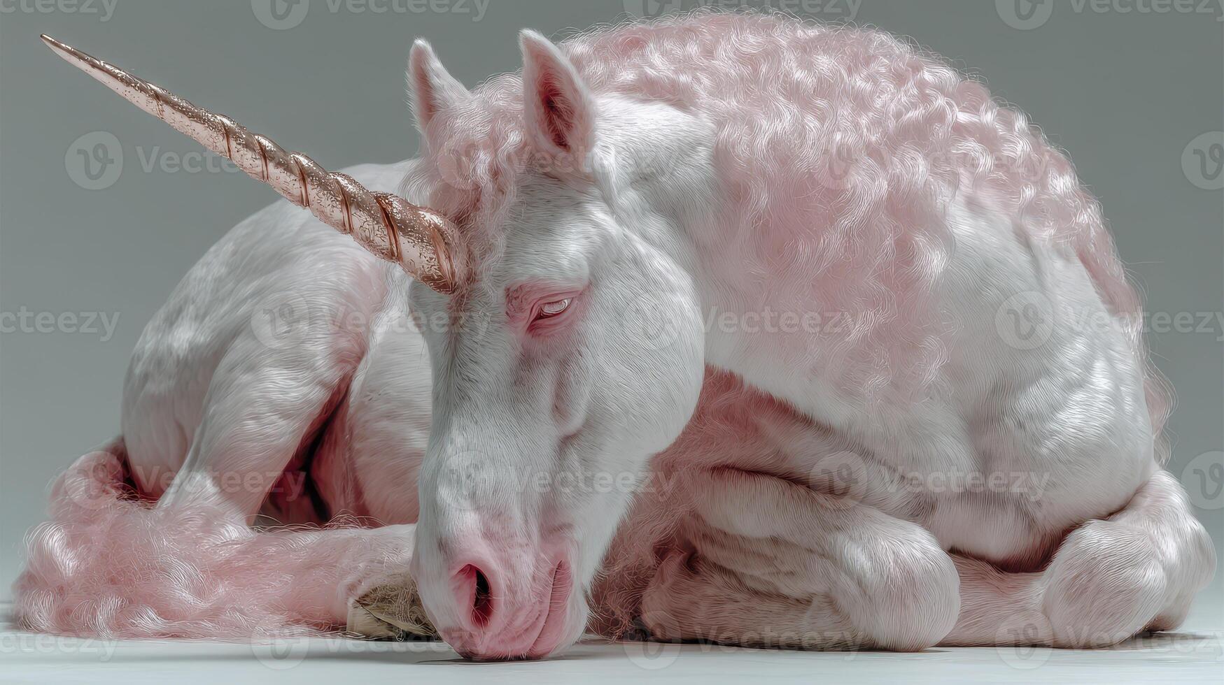 Soft and whimsical pink unicorn resting peacefully in an indoor space photo