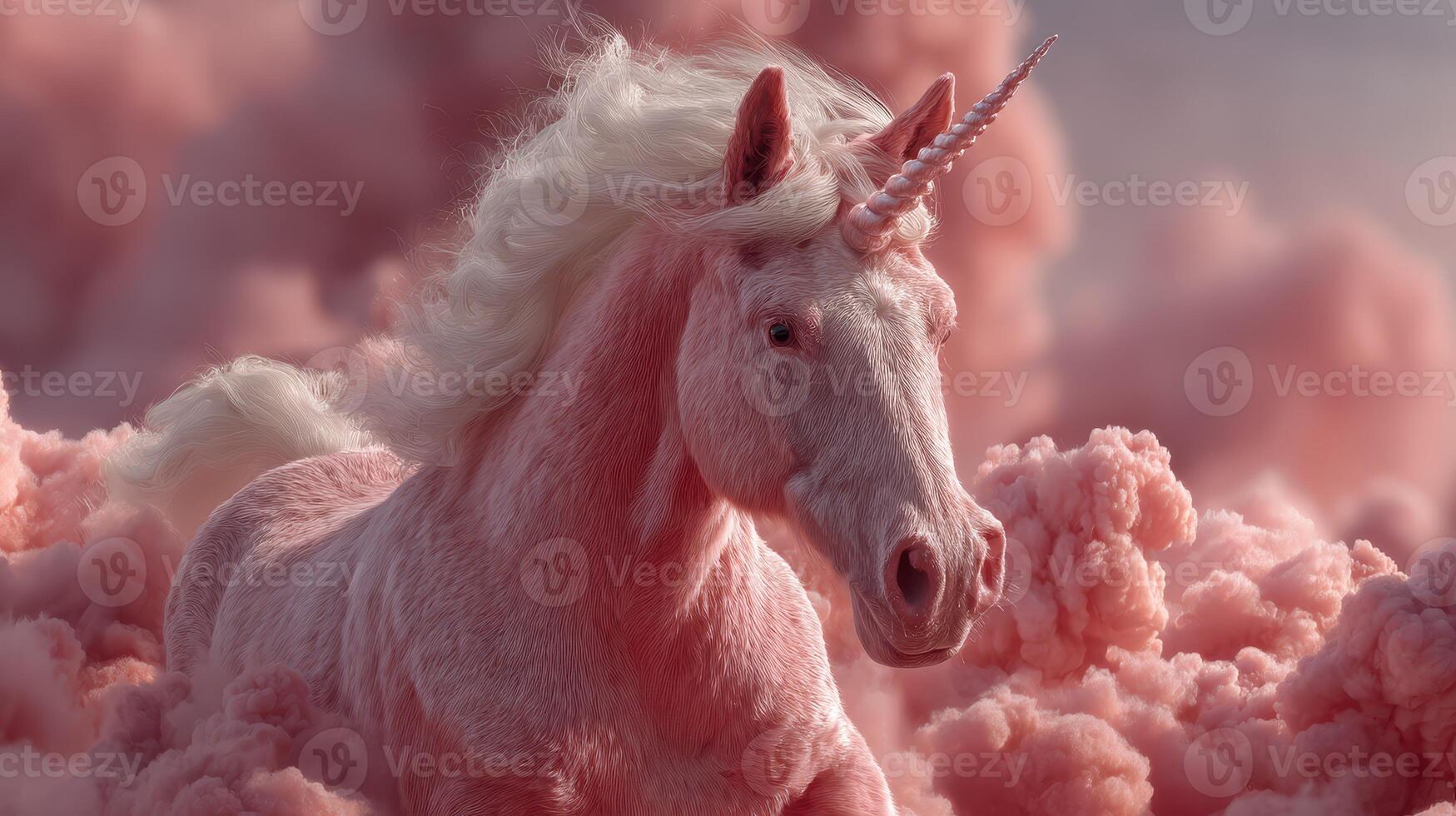 Mythical unicorn resting among pink clouds in a dreamy, surreal landscape at sunset photo