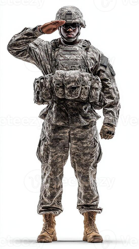 Soldier in military uniform salutes with respect and pride during a ceremonial event in a neutral background photo