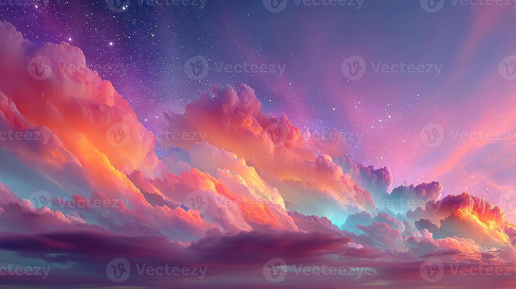 Vibrant sunset sky filled with colorful clouds and stars over a tranquil landscape photo