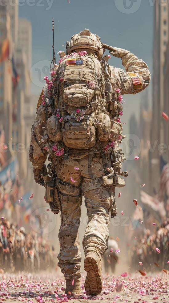 Soldier in camouflage uniform salutes while walking through a parade with petals falling in a city setting during a sunny day photo