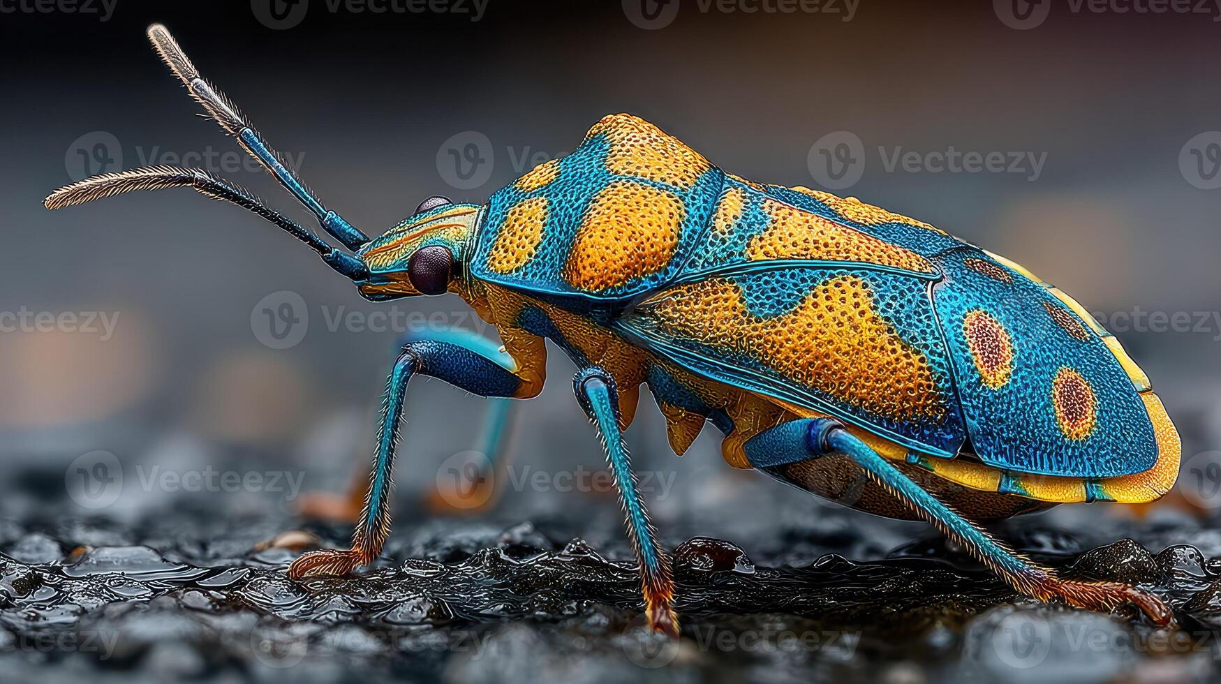 Brightly colored bug crawling along a wet surface in a natural habitat under soft daylight photo