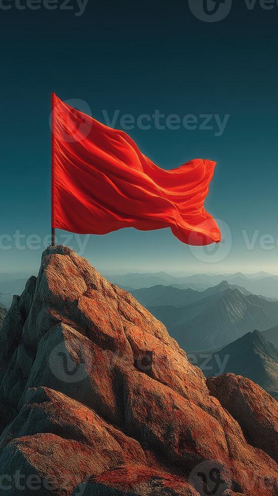 Red flag waves proudly atop a rocky mountain under a clear blue sky during sunset photo
