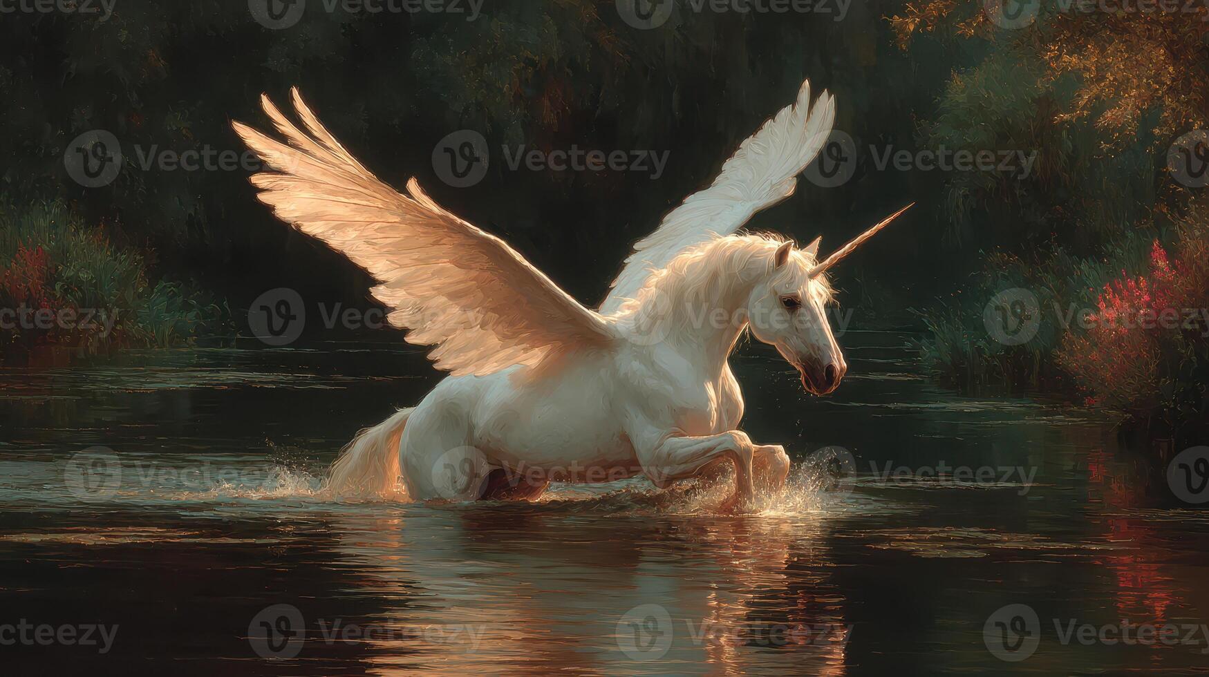 Majestic winged unicorn splashes in a serene river during the golden hour photo