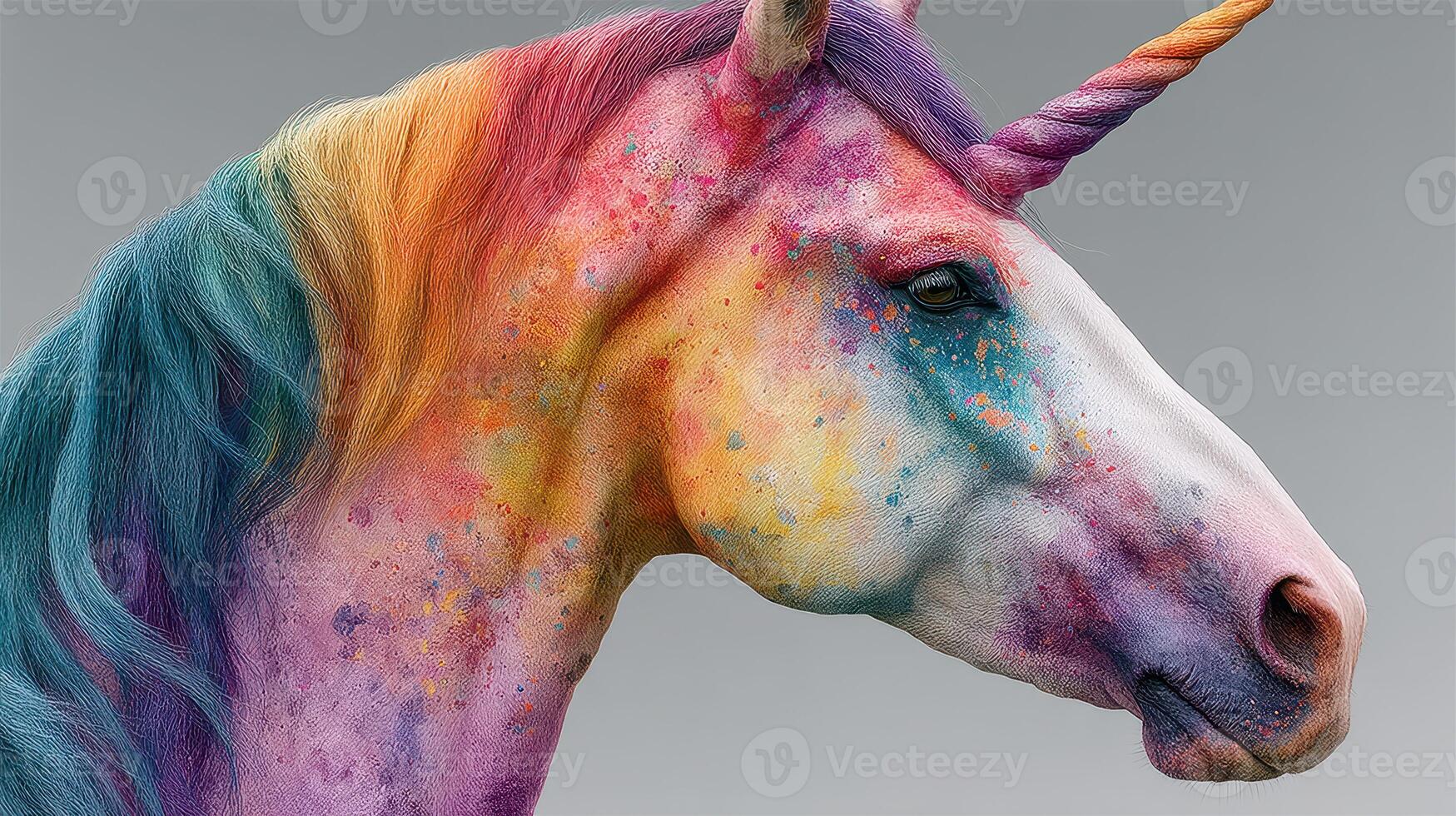 Colorful unicorn head with vibrant hues and artistic splashes displayed against a neutral background photo