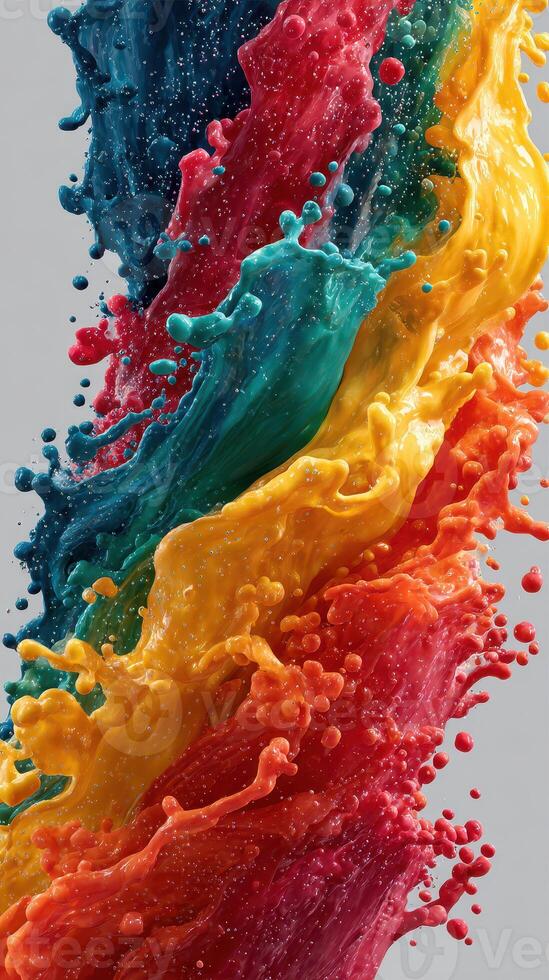 Vivid splash of colorful paint creating dynamic waves against a neutral backdrop photo