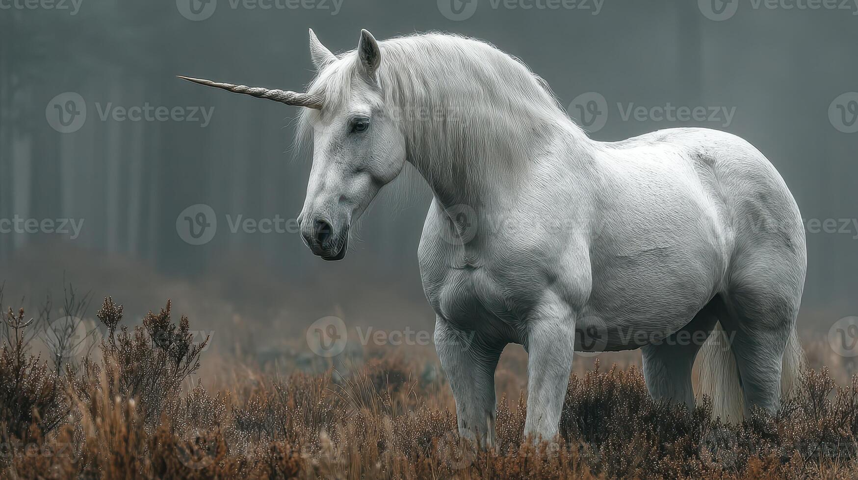 Mythical unicorn standing majestically in a misty forest during the early morning light photo