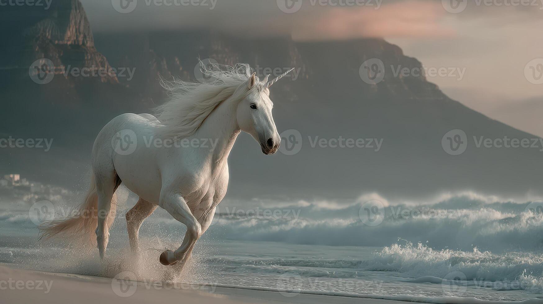 Majestic white unicorn galloping along the beach at sunset near rocky cliffs photo